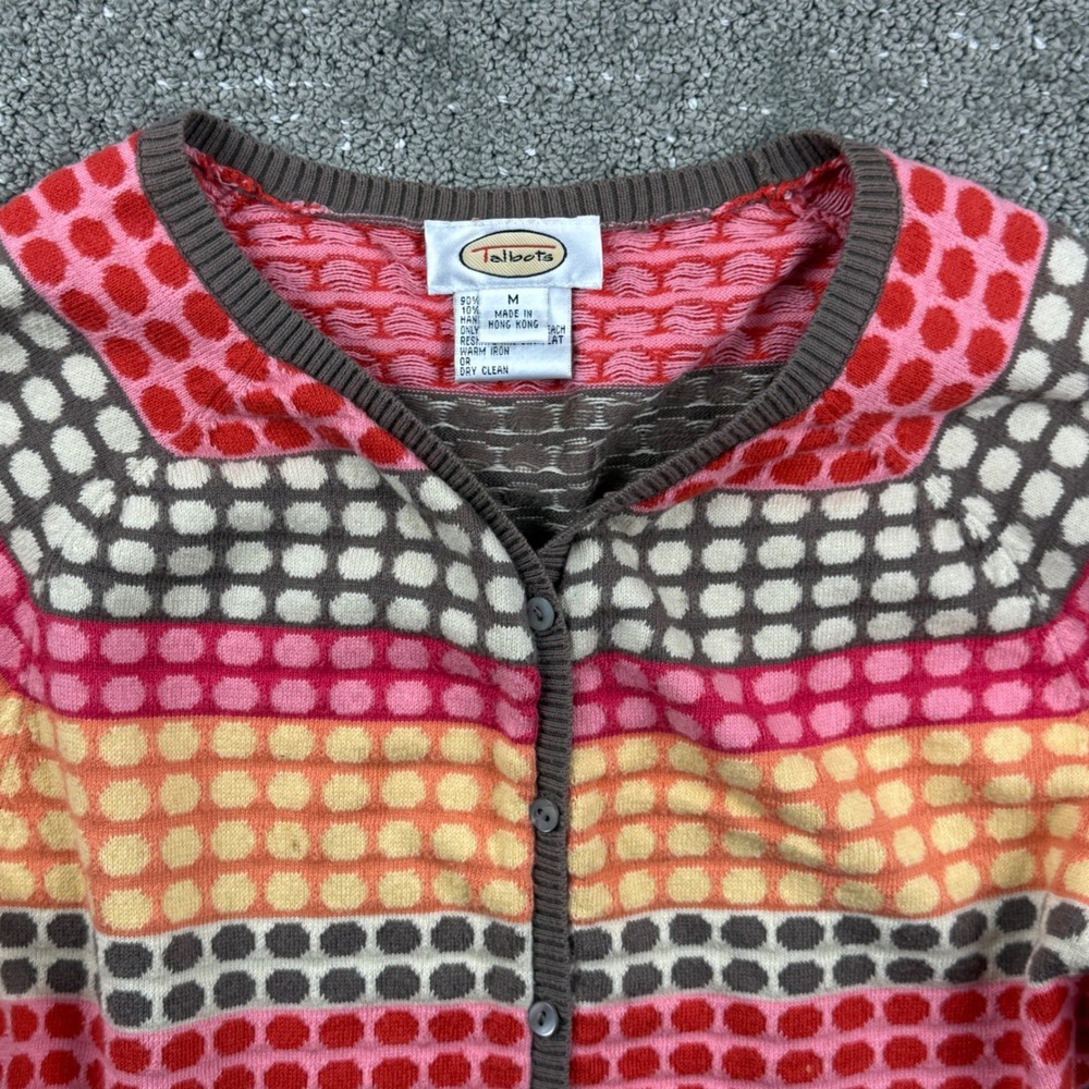 Talbots Cardigan Sweater Medium Cotton Cashmere Blend Colorful Polka Dot Stripes